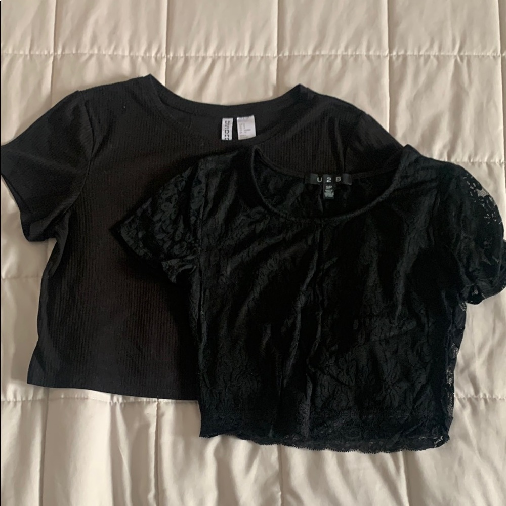 Black Lace and Ribbed Crop Tops Set